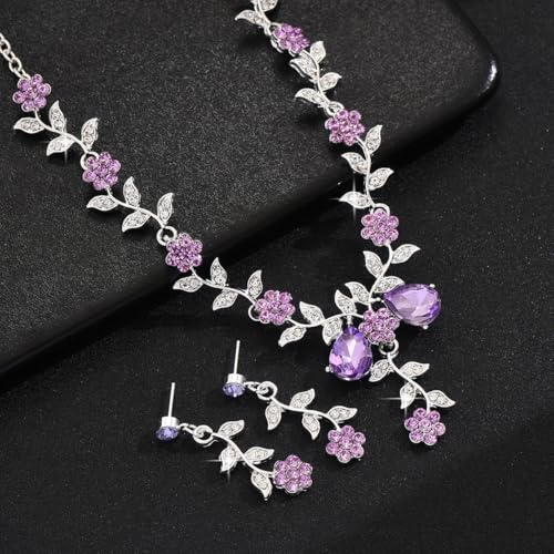Kamirola Women's Wedding Jewelry Leaf Cluster Flower Crystal Dangle Earrings Pendant Necklace Set for BridalCrystal Bridal Jewelry Set - color: Silver Purple