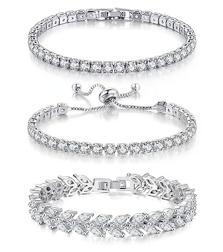 GEMOSA 3 Pcs Tennis Bracelets for Women Silver Gold Bule CZ Braclet Set | Marquise Cubic Zirconia CZ Diamond, Dainty Adjustable Silver Gold Bule Bracelets, for Women Brides, Stackable Fashion Jewelry - color: White