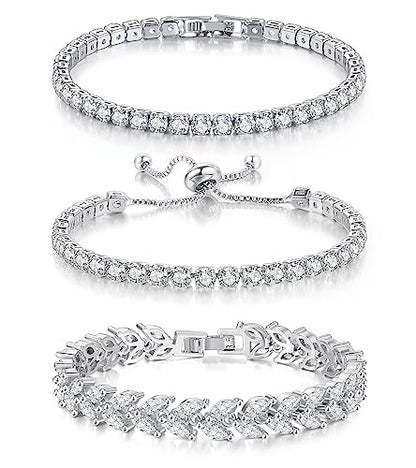 GEMOSA 3 Pcs Tennis Bracelets for Women Silver Gold Bule CZ Braclet Set | Marquise Cubic Zirconia CZ Diamond, Dainty Adjustable Silver Gold Bule Bracelets, for Women Brides, Stackable Fashion Jewelry - color: White