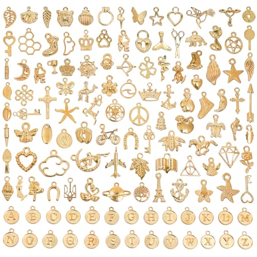 126 PCS Wholesale Bulk Lots Jewelry Making Charms, Mixed KC Gold Charms Letter A-Z Pendants DIY for Necklace Bracelet Jewelry Making and Crafting - color: Gold-126PCS