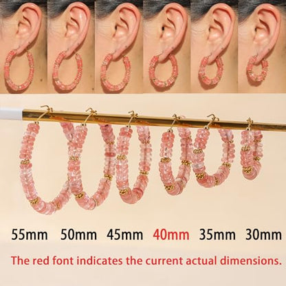 Wellike Beaded Hoop Earrings for Women Natural Stone Pink Gold Huggie Earrings Hypoallergenic Dainty Waterproof Trendy Jewelry - color: Rose Pink, size: 40mm