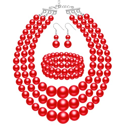Haysandy Pearl Jewelry Set for Women 20s Jewelry Gift | Retro Layered Necklace Bracelet Earring, Costume Accessories for Derby Wedding Prom Party, Dress Matching Occasions - color: Red