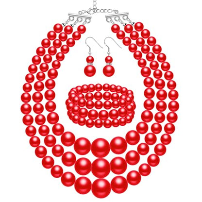 Haysandy Pearl Jewelry Set for Women 20s Jewelry Gift | Retro Layered Necklace Bracelet Earring, Costume Accessories for Derby Wedding Prom Party, Dress Matching Occasions - color: Red