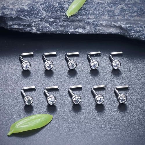 ASTM F136 Titanium Nose Rings 18G 20G 22G Jeweled Clear Cubic Zirconia Nose Studs Ring Screw L-Shaped Bone Hypoallergenic Body Piercing Jewelry for Women 1.5mm 2mm 2.5mm 3mm 10PCS - style: L-Shaped:20G(0.8mm)-3mm CZ