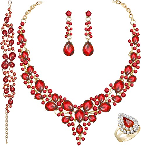Paxuan Crystal Bridal Wedding Jewelry Sets for Women Rhinestone Teardrop Crystal Statement Choker Necklace Drop Earrings Link Bracelets Rings Teardrop Jewelry Set for Brides Bridesmaids - color: Red