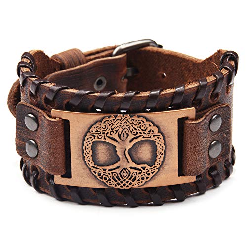 GelConnie Viking Bracelet Punk Leather Cuff Bracelet Gothic Leather Wristband Bracelet with Nordic Amulet Scandinavian Talisman Celtic Pagan Jewelry - color: Brown Tree