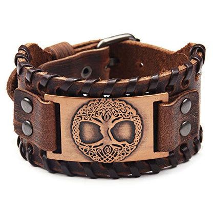 GelConnie Viking Bracelet Punk Leather Cuff Bracelet Gothic Leather Wristband Bracelet with Nordic Amulet Scandinavian Talisman Celtic Pagan Jewelry - color: Brown Tree