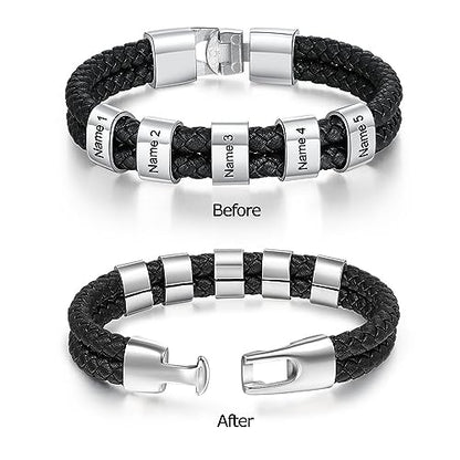 Personalized Braided Leather Bracelet with Photo Custom Name Beads Cuff Bangle Jewelry Gifts for Men Dad Husband Grandpa Fathers Day - color: Style 2--White-8.5inch