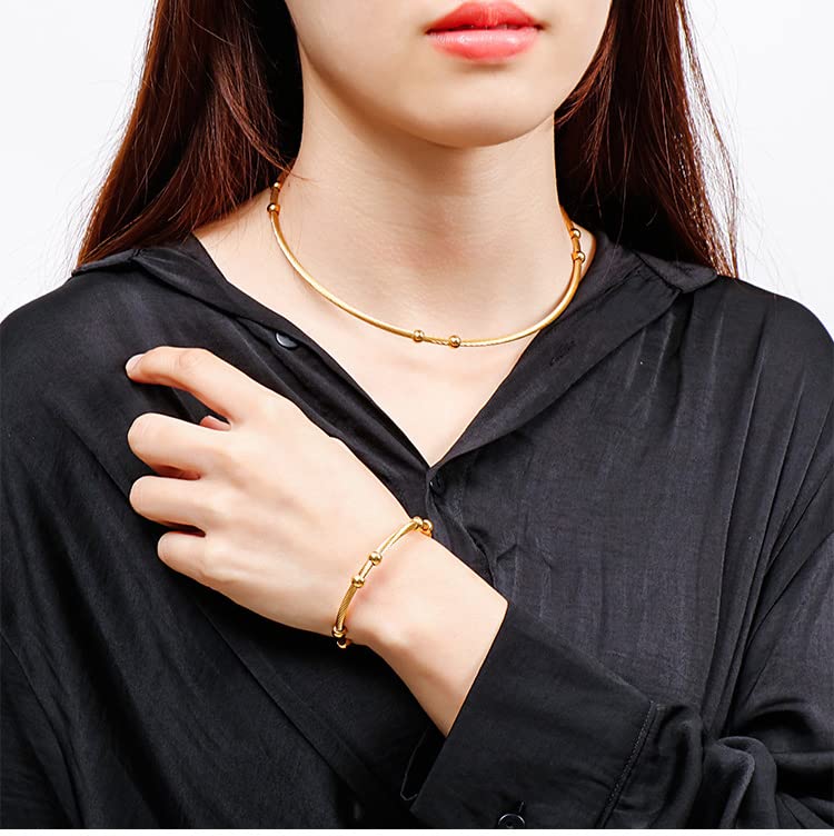 JAJAFOOK Minimalist Round Gold-Tone Bar Necklace Simple Fashion High Neck Choker Female King Neckwire - color: Wire Bead-Gold