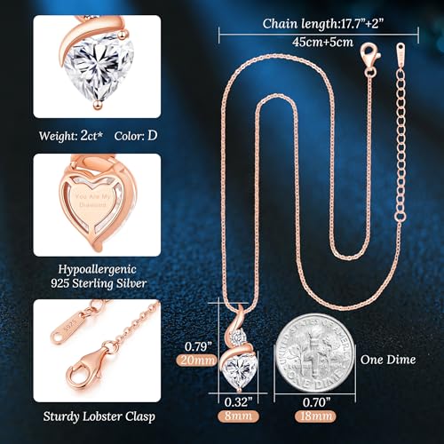ANDSO Heart Moissanite Necklaces Birthday Jewelry Gifts for Women | S925 Silver /Gold Plating Birthstone Necklace, Ideal Anniversary Christmas Valentine Present for Mom Wife Her Girlfriend - style: Rose Gold-2 Carat