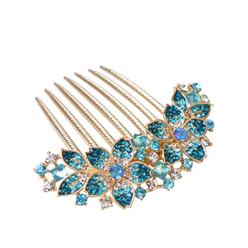 Women Rhinestone Inlaid Flower Hair Comb Hairpin Barrette Accessory,Also Perfect Mother's Day Gifts for Mom (Blue) - color: Blue