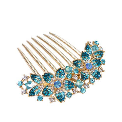 Women Rhinestone Inlaid Flower Hair Comb Hairpin Barrette Accessory,Also Perfect Mother's Day Gifts for Mom (Blue) - color: Blue