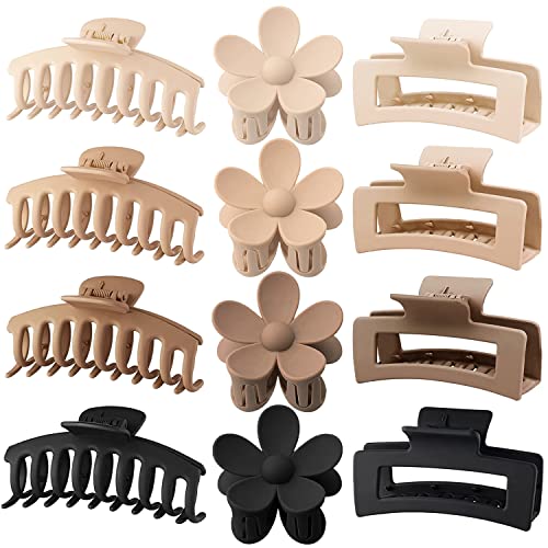 Large Hair Claw Clips 12 Pack, Flower Hair Clips for Thin Hair, Big Square Matte Strong hold for Thick Hair, 3 Styles Hair Clips for Women Thick Hair Neutral Colors - color: Black, Coffee, Khaki, Beige