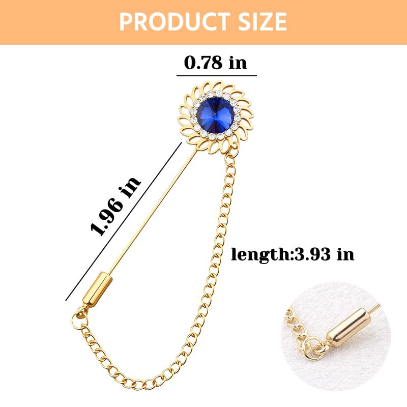 Mens Sunflower Lapel Pin Crystal Rhinestone Brooches for Men Hanging Chain Brooch Suit Pin Flower Lapel Pins for Men Wedding Business Party - color: Blue