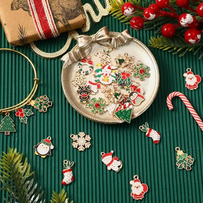 MARFOREVER 40Pcs/20 Pairs Christmas Charms, Christmas Gold Enamel Charms | Christmas Charms for Jewelry Making, Metal Alloy Xmas Charm Pendants for Bracelet Necklace Earrings Making Accessories DIY - style: Christmas