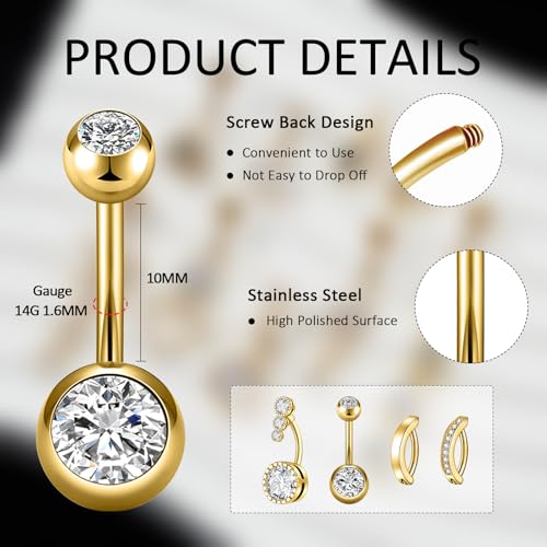 9PCS Belly Button Ring Dangle Stainless Steel Belly Rings 14G 1.6MM Belly Piercing Cute Navel Ring Piercing Jewelry Belly Ring for Women - color: 9PC Gold Set