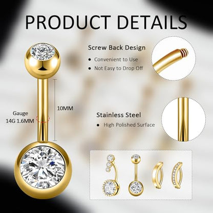 9PCS Belly Button Ring Dangle Stainless Steel Belly Rings 14G 1.6MM Belly Piercing Cute Navel Ring Piercing Jewelry Belly Ring for Women - color: 9PC Gold Set