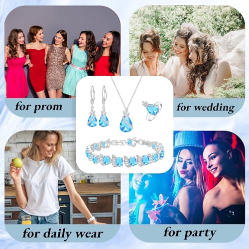 GZWHD Jewelry Set for Women CZ Earrings Necklace Ring Bracelet Set Prom Party Wedding Jewelry Gift for Mother Friend Wife - color: A-Sky Blue