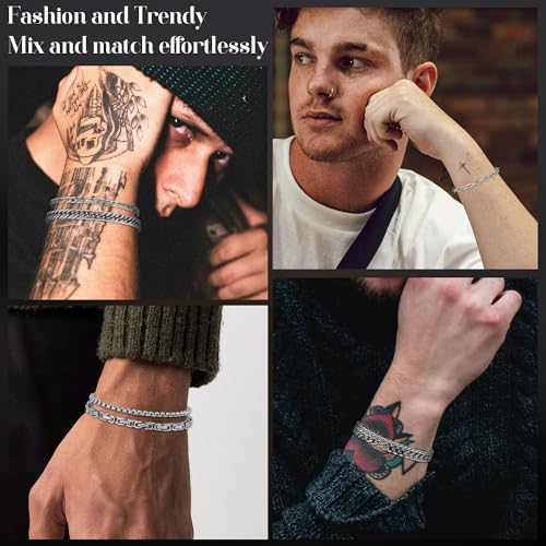 8Pcs Stainless Steel Bracelets for Men Women Sturdy Cuban Link Bracelet Curb Rope Figaro Paperclip Chain Bracelets Set Jewelry Gifts for Men, 6.9/7.5/8.3/9 Inches - color: Silver