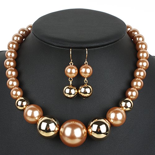 Fuqimanman2020 Chunky Large Simulated Pearl Choker Necklace Drop Dangle Earrings Crystal Bib Big Round Beaded Strand Multicolor Costume Statement Wedding Jewelry Set for Women Brides - color: Champagne B