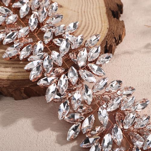 Missgrace Women Silver Green Black Red Blue Handmade Full Crystal Rhinestone Large Headband Hair Vine Shinny Headpiece Bridal Wedding Hair Accessories for Women (Rose gold) - color: Rose gold