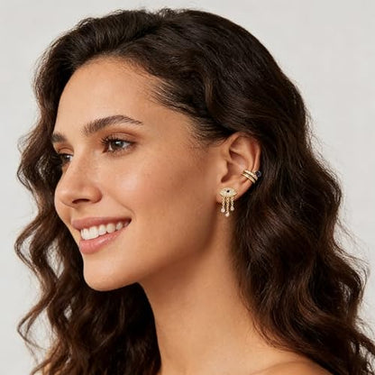 Bemoly Ear Cuff Earrings for Women 14K Gold Plated Cubic Zirconia Dangle Huggie Ear Cuffs Non Piercing | Clip On Cartilage - style: Blue Split Trio