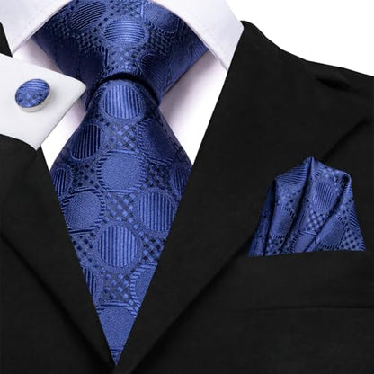 Dubulle Mens Paisley Striped Tie Woven Necktie for Men and Handkerchief Cufflinks Set Wedding Formal Business - color: Blue Plaid