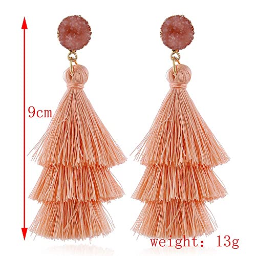 Boho Statement Tassel Earrings - Clip On Feather Dangling Fringe Earrings for Women - Non Piercing Jewelry for Vacation, Beach, Bride, Bachelorette, Costume, Prom - color: Hot Pink