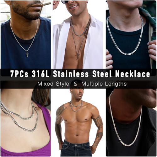 stino 7/8PCs Stainless Steel Chain Necklace Set for Men Women, Silver Tone Necklace Chains Bulk, Figaro Chain, Snake Chain, Cuban Link Chain, Rope Chain. - style: Muti-length- Heavy-7Pcs