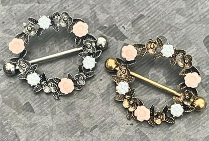 PAIR of Unique Floral Wreath 316L Surgical Steel Nipple Shields - Ring -14g - Body Jewelry - color: Silver