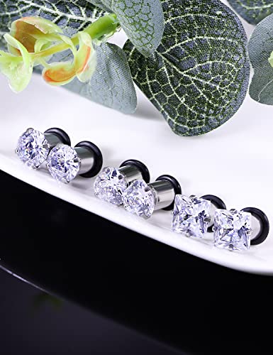 8G 6G 4G 2G 0G 1/2 inch Stainless Steel Ear Gauges - Round, Square, Heart, Cubic Zirconia - 3mm to 12mm - Silver, 3 Pairs - color: Gauge=2g=6mm