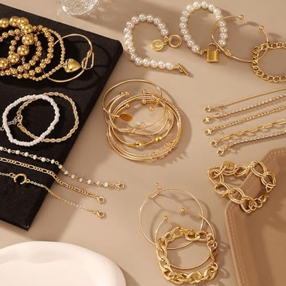 IFKM 6 PACK (24 PCS) Boho Gold Chain Bracelets Set for Women, 14K Gold Plated Multiple Layered Stackable Open Cuff Wrap Bangle Adjustable Link Italian Cuban Jewelry for Women Gift - style: 28pcs Gold Chain