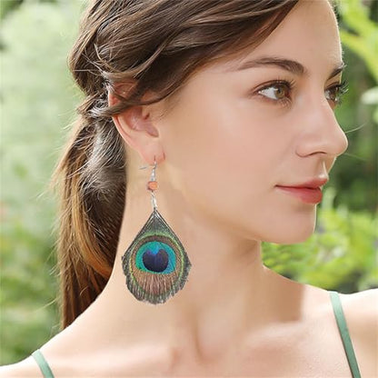 Peacock Feather Earrings for Women Native Handmade Lightweight Long Peacock Feather Boho Hook Earring Prom Party Festival Jewelry - color: Brown Bead
