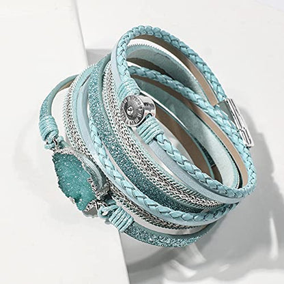 Artilady Leather Wrap Bracelet for Women, Pearl Beaded Bangle Stack Jewelry | Easy on-off, Elegant Handmade Multi-Layered, Daily Casual Date Beach Vacation, Gift for Ladies, Mother, Sister & Friend - style: Blue