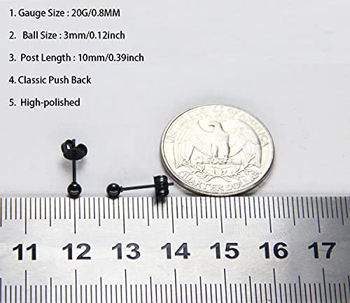 14K Gold Filled Polished Small CZ Pearl Ball Stud Earrings Set for Women Men 20G Surgical Steel Hypoallergenic Piercing Studs for Sensitive Ear, Pack of 6 Pairs - style: B : 3MM Black Ball Set
