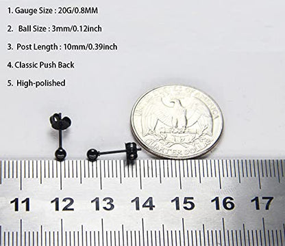 14K Gold Filled Polished Small CZ Pearl Ball Stud Earrings Set for Women Men 20G Surgical Steel Hypoallergenic Piercing Studs for Sensitive Ear, Pack of 6 Pairs - style: B : 3MM Black Ball Set