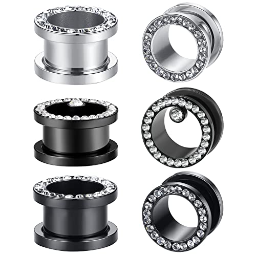 WBRWP Unisex Women 6pcs/8pcs-3pairs/4pairs Hollow Zircon Stainless Steel Screw Ear Plugs Tunnels with ZirconEar Plugs Tunnels - Ear Expander - Ear Gauges Stretcher Body Piercing 8g-5/8 - color: 3pairs set in black and silver color
