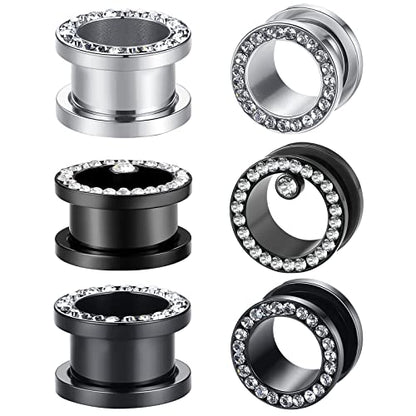 WBRWP Unisex Women 6pcs/8pcs-3pairs/4pairs Hollow Zircon Stainless Steel Screw Ear Plugs Tunnels with ZirconEar Plugs Tunnels - Ear Expander - Ear Gauges Stretcher Body Piercing 8g-5/8 - color: 3pairs set in black and silver color