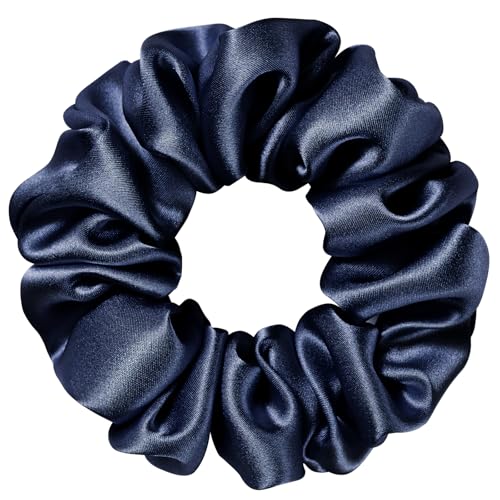 Silk Scrunchie 1.4" Medium Wide 6A 22 Momme 100% Mulberry Silk Hair Ties,Gentle on Hair No Damage No Crease for Women Girls Curly Thick Wavy Hair,Sample Fabric Provided (1, Navy Blue) - color: Navy Blue