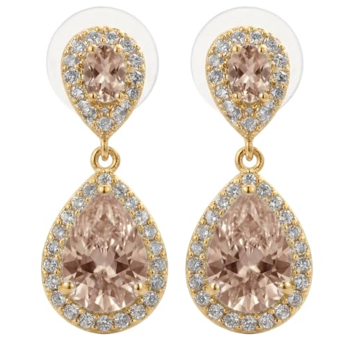 Mariell Cubic Zirconia Crystal Teardrop Dangle Bridal and Wedding Earrings, CZ Jewelry for Brides, Bridesmaids, Homecoming, Prom and Dressy Everyday Wear - color: Gold-Champagne Cubic Zirconia