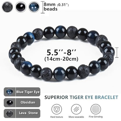 SAMXY Triple Protection Bracelet, 8mm Healing Crystal Bead Bracelet, 3pcs Blue Red Tiger's Eye Obsidian Hematite Bracelet Women Men - color: 3pcs-Blue