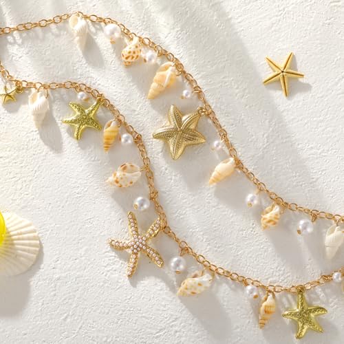 XZQTIVE Starfish Pearl Waist Chain Belts for Women Mermaids Seashell Pearl Belly Chain Gold Pirate Rave Festival Summer Bikini Beach Jewelry Accessories - style: Starfish-3
