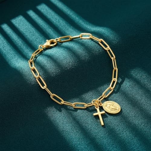 14K Gold Bracelets for Women Gold Cross Bracelet for Men | 14K Gold Cross Bracelet for Women Mens Bracelets Chain Bracelet Dainty Gold Bracelet Womens Gold Bracelet Sizes 17/19/21cm - size: 19cm（7.5in）