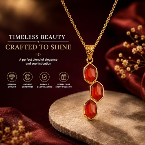 FCI 925 Sterling Silver Gold Plated Natural Carnelian Pendant – Triple Faceted Stone Artisan Design for Women, Premium Fine Gift