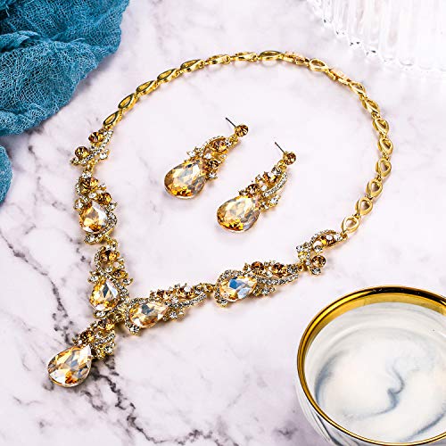 Women's Wedding Bridal Crystal Multi Teardrop Cluster Statement Necklace Dangle Earrings Set - color: 02-Champagne Gold-Tone