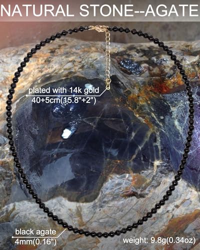 Simple 4mm Gemstones and Crystals Choker Necklace Unisex 16"-18" | Necklaces for Women Men, Adjustable, 40-45 cm Chain Length, Handmade, Spiritual Gemstones, Positive Energy, Daily Wear - style: Black Agate