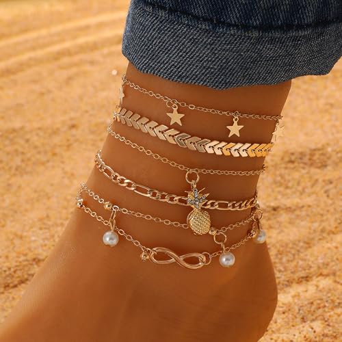 Fesciory 14K Gold Plated Ankle Bracelets Sets For Women, Adjustable Layered Infinite Anklet, Summer Beach Butterfly Star Foot Chain Jewelry Gifts - style: Pineapple(Gold)