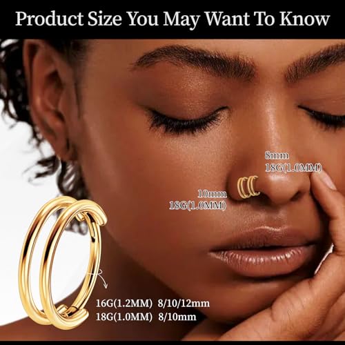 2 PCS Cartilage Earring Double Triple Hoop Nose Ring Titanium Conch Piercing Jewelry - color: Gold, size: 16g 12mm