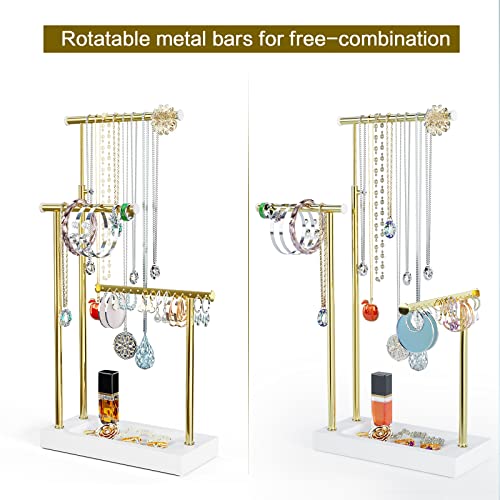 SRIWATANA Jewelry Organizer Display Extra Tall Necklace Holder 3 Tier Jewelry Tree Stand, Gift Idea (White & Gold) | Modern Luxury Jewelry Tree with Wood Base Tray; Ideal to Organize Long Necklaces, Earrings, Rings - color: White & Gold
