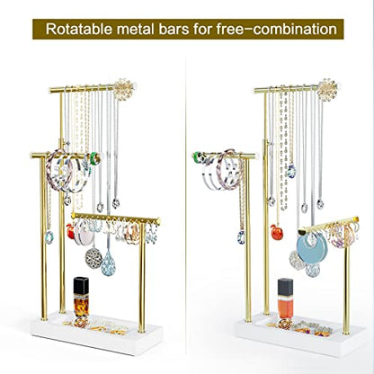 SRIWATANA Jewelry Organizer Display Extra Tall Necklace Holder 3 Tier Jewelry Tree Stand, Gift Idea (White & Gold) | Modern Luxury Jewelry Tree with Wood Base Tray; Ideal to Organize Long Necklaces, Earrings, Rings - color: White & Gold